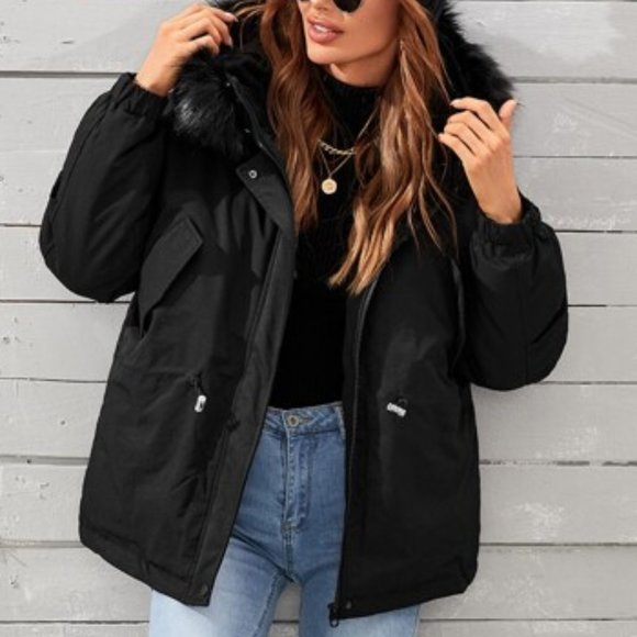 Contemporary Drawstring Waist Parka Winter Coat Black - Picture 7 of 9